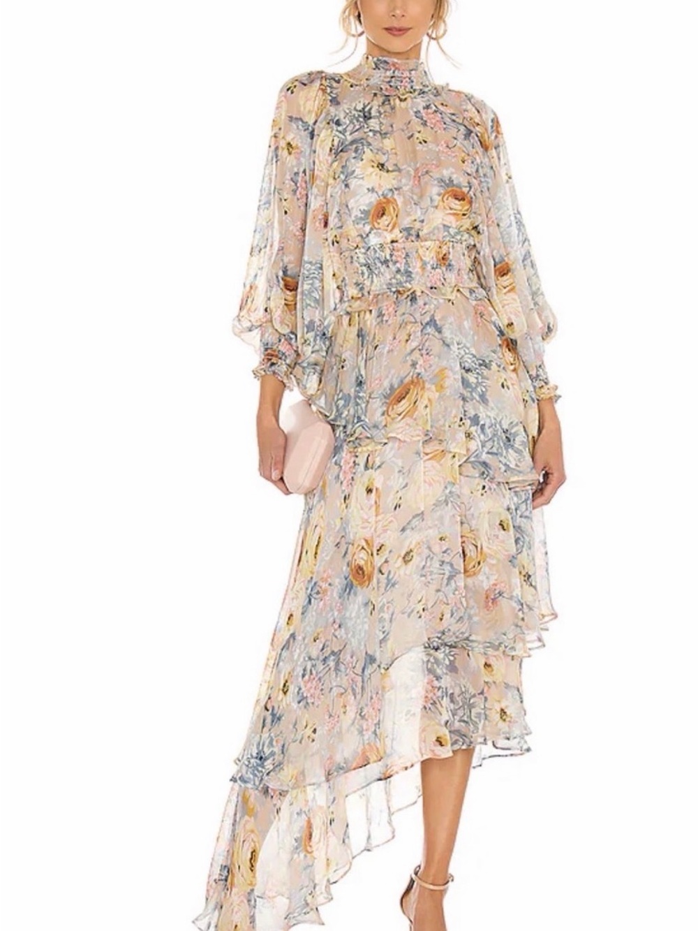 Elliatt Pastel Floral High-Neck Asymmetrical Chiffon Dress